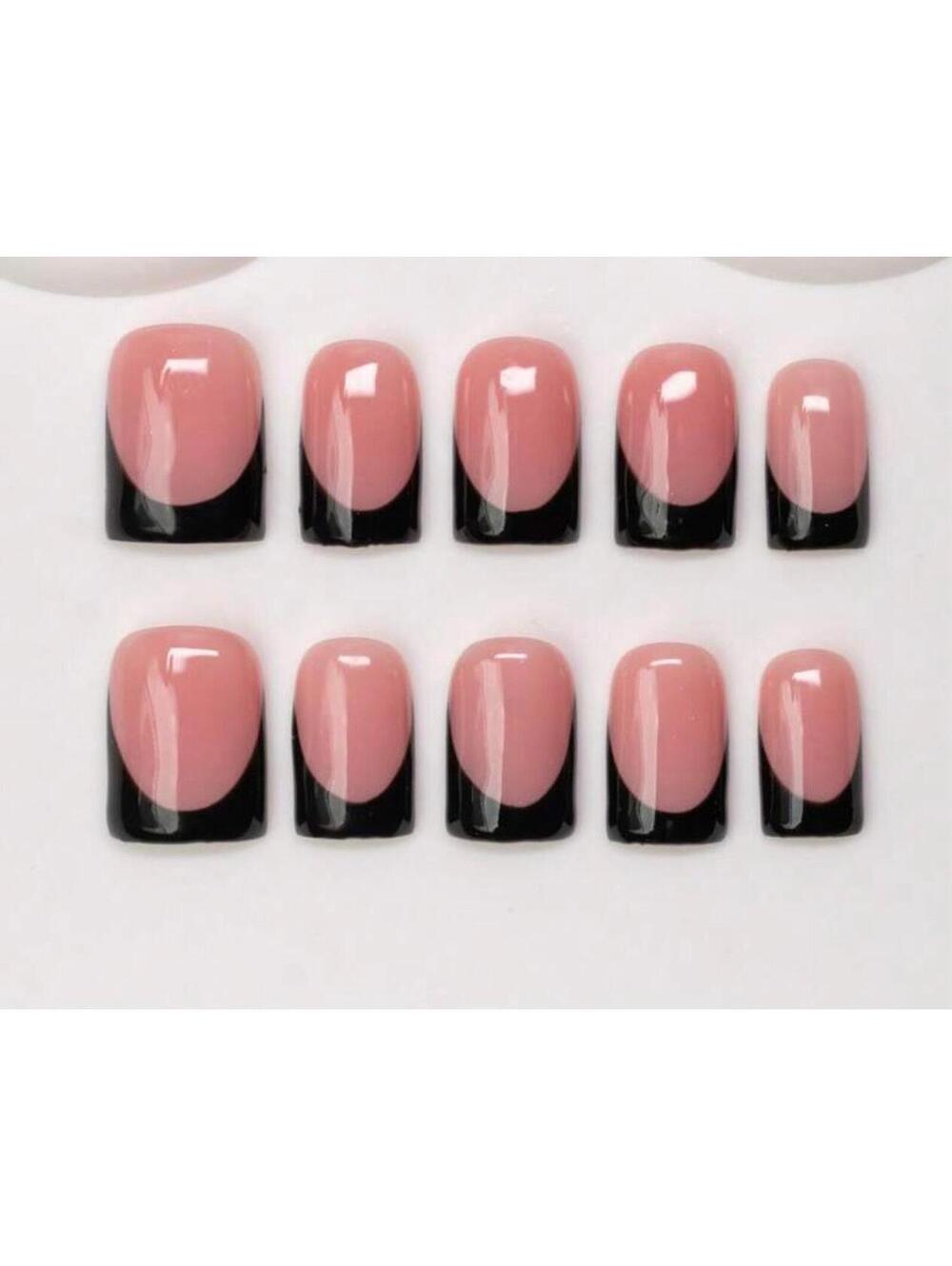 Extra short square Press on nails black French tips nude handmade custom gel